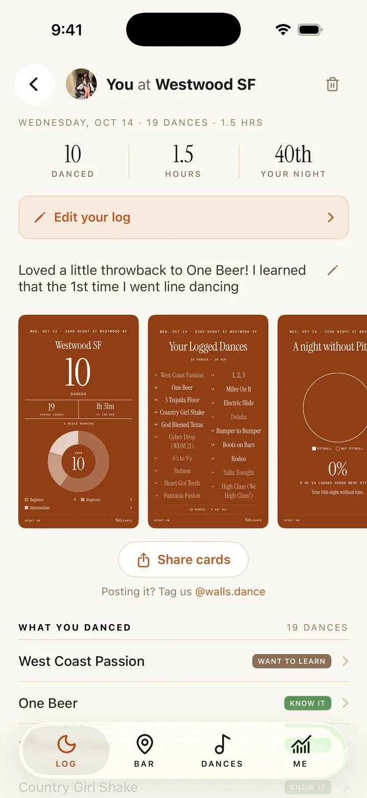 Night view: 10 danced, 1.5 hours, 40th night, with recap cards