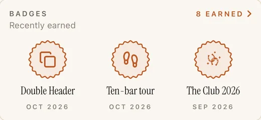 Badges recently earned: Double Header, Ten-bar tour, The Club 2026
